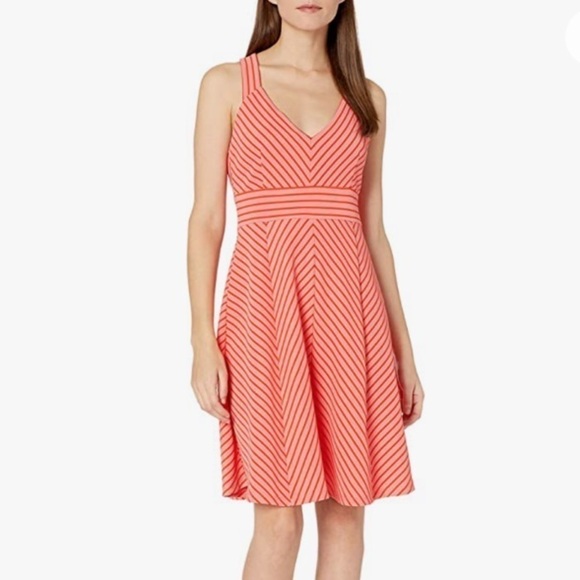NEW Adrianna Papell Coral & Orange Striped Ottoman Size XL Fit and Flare Dress - Picture 3 of 16